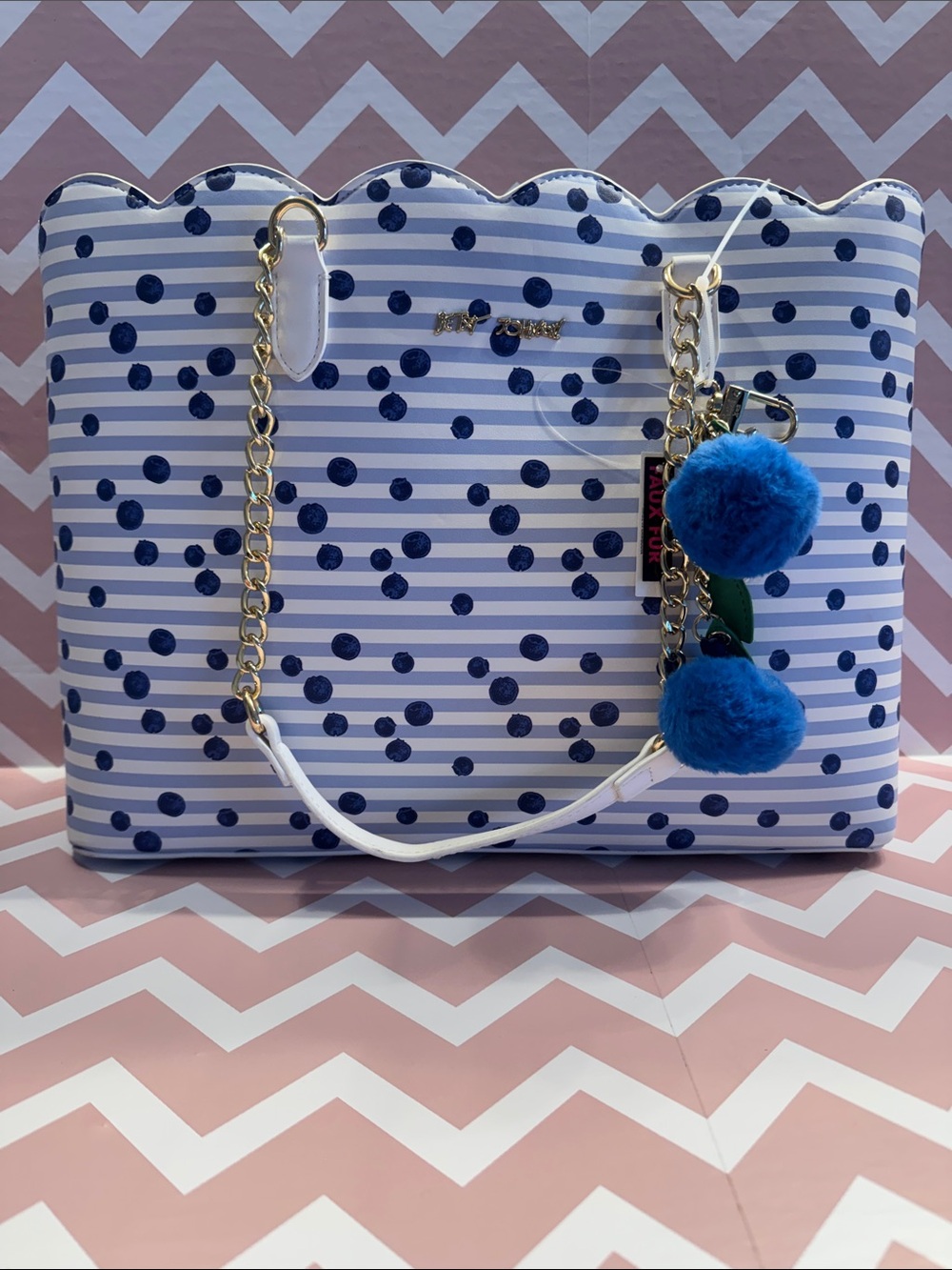 Betsey Johnson White and Navy Polka Dot Scallop Tote with Blueberry Pom Charms